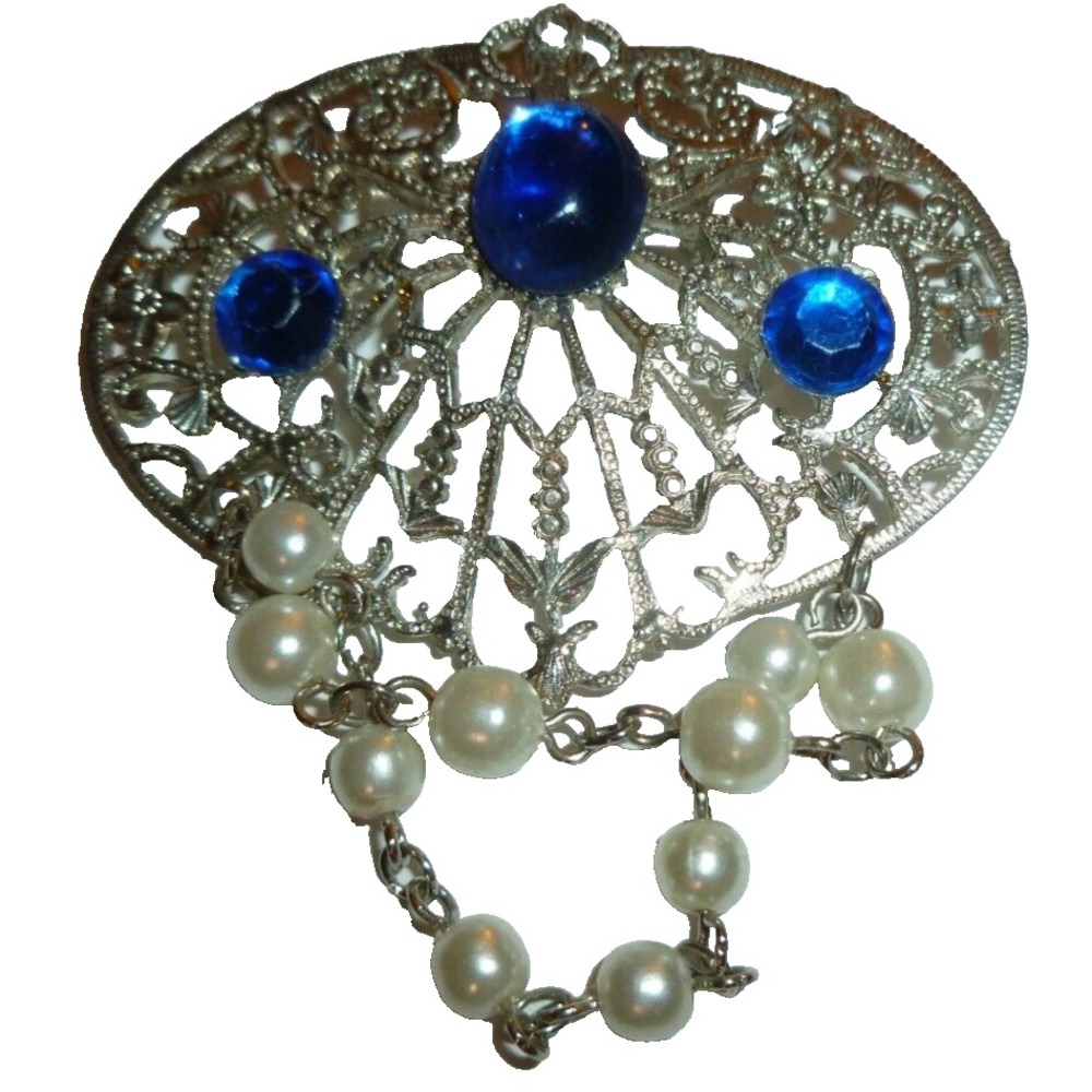 Vintage Silver Tone Filigree Brooch Blue Cabochon Faux Pearl Tassel Drape Pin